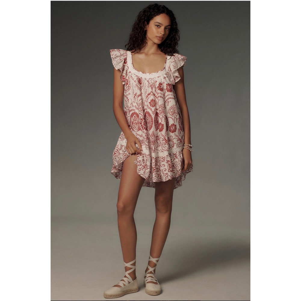 Maeve Anthropologie Red White Floral Lace Trim Dress Boho Cottagecore M